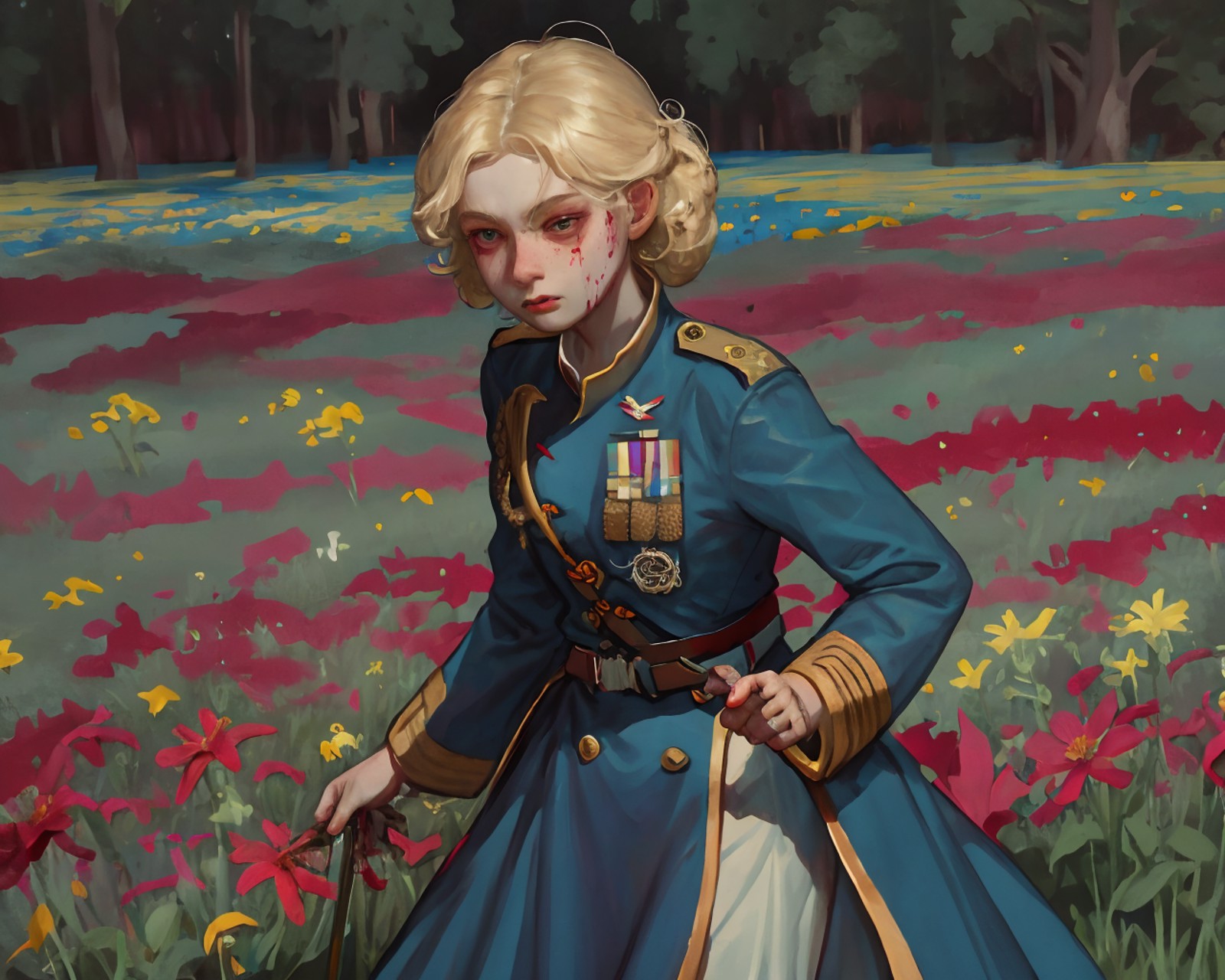 standing in a field of flowers, (torn flag in background:0.8), (battlefield:1.0), (blood:1.0), absurdly long curly blonde ...